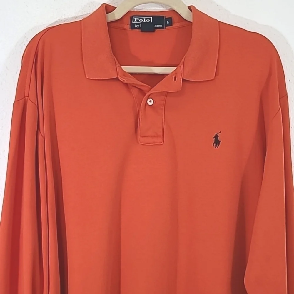POLO by RALPH LAUREN Men's Orange Long-Sleeve Polo Shirt w/Iconic Logo, size L.